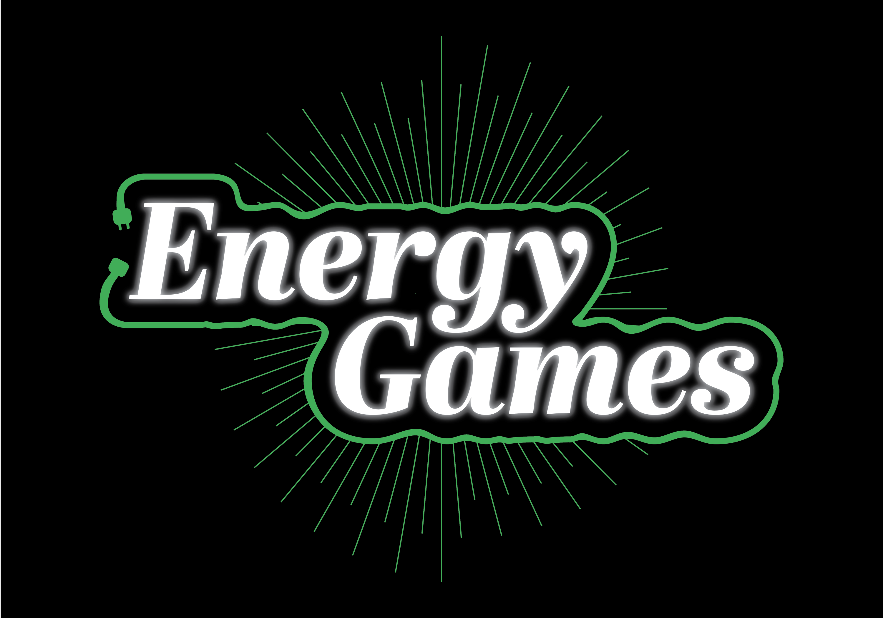 Energy games text surrounded by electric plug with sunburst behind