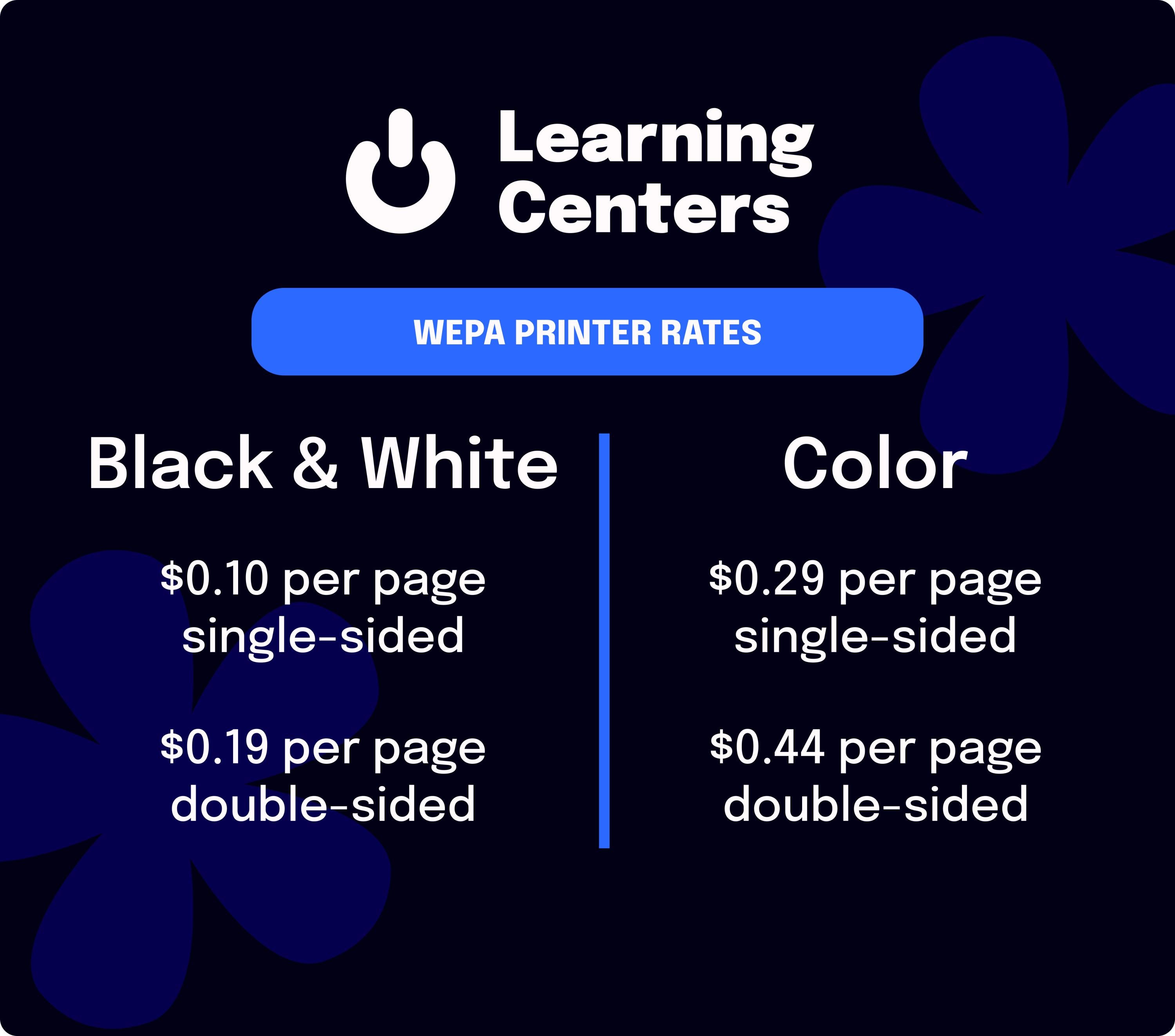 pictures shows wepa rates. For black and white single sided pages it is 10 cents. For double sided B&W  it is 19 cents. For color it is 29 cents per single sided page and 44 cents per double sided page