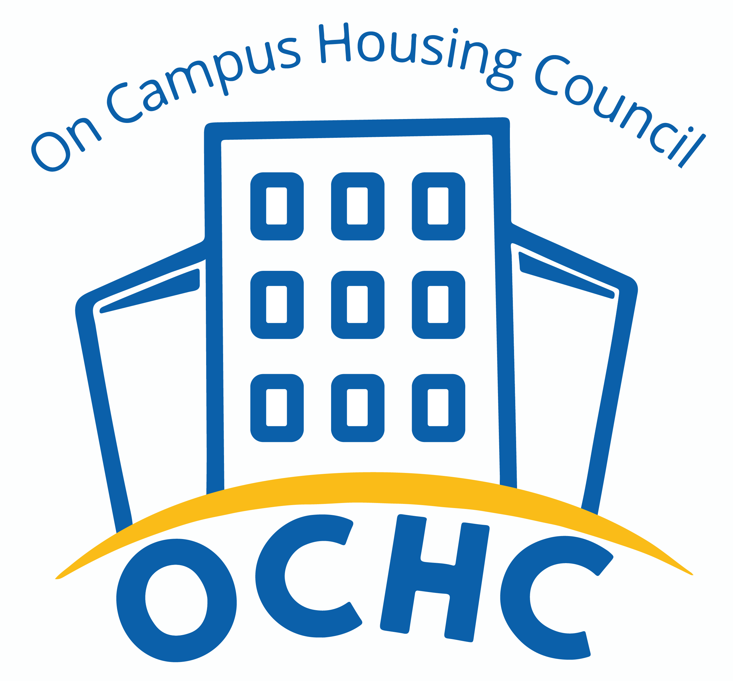 The On-Campus Housing Council Logo. The words On Campus Housing Council arcs above 3 dormitory buildings, with the center building displaying 9 windows in a 3 by 3 manner. Below the 3 buildings is a yellow curve. Below the yellow curve is the abbreviation for the Council: OCHC.