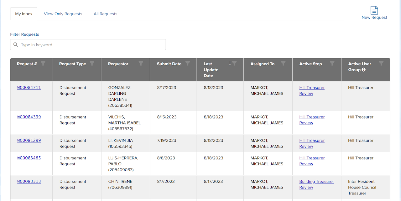 Screenshot of my inbox tab of workflow portal