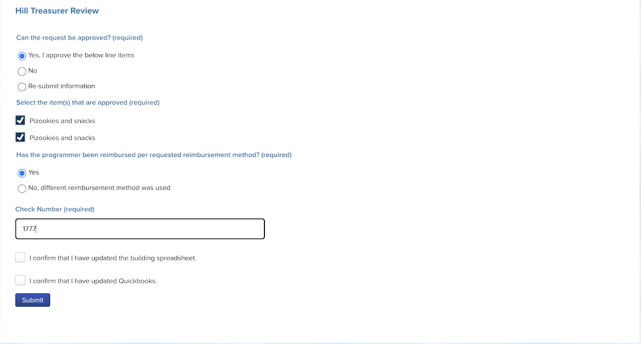Screenshot of Hill Treasurer review step of disbursement form