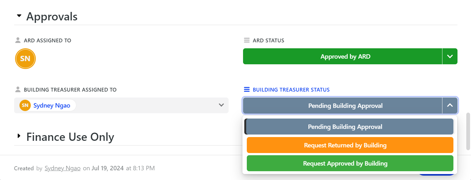 Screenshot of request form approval section 