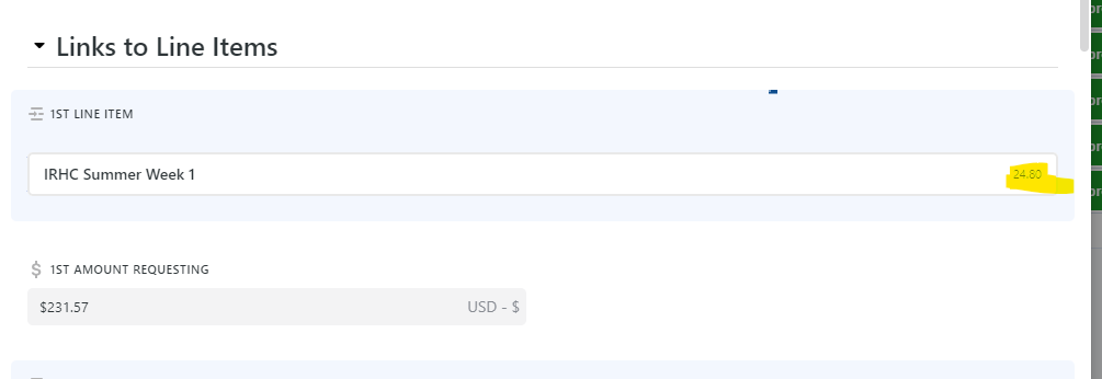 Screenshot of Links to line items section 