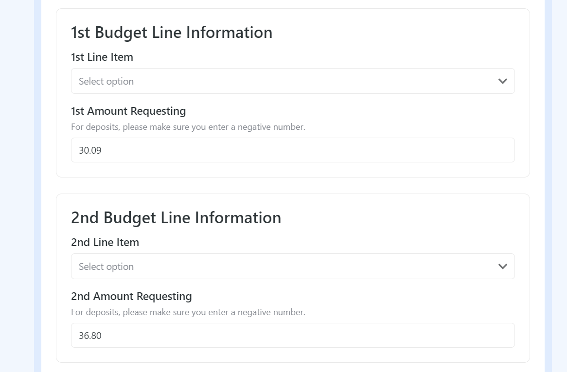 Screenshot of Association Disbursement Request Form Budge line information sections