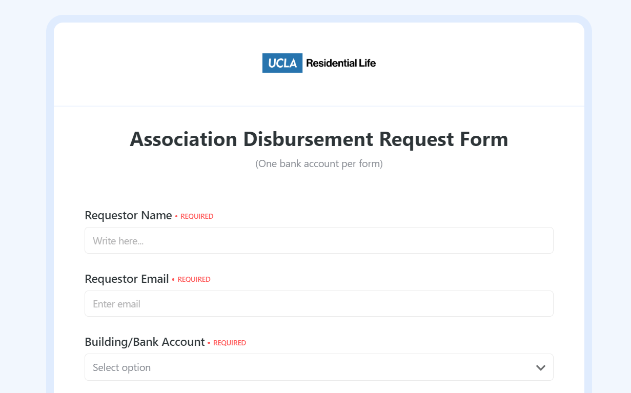 Screenshot of Association Disbursement Request Form