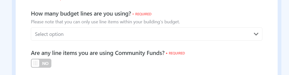 Screenshot of Association Disbursement Request Form Budget lines and community funds questions