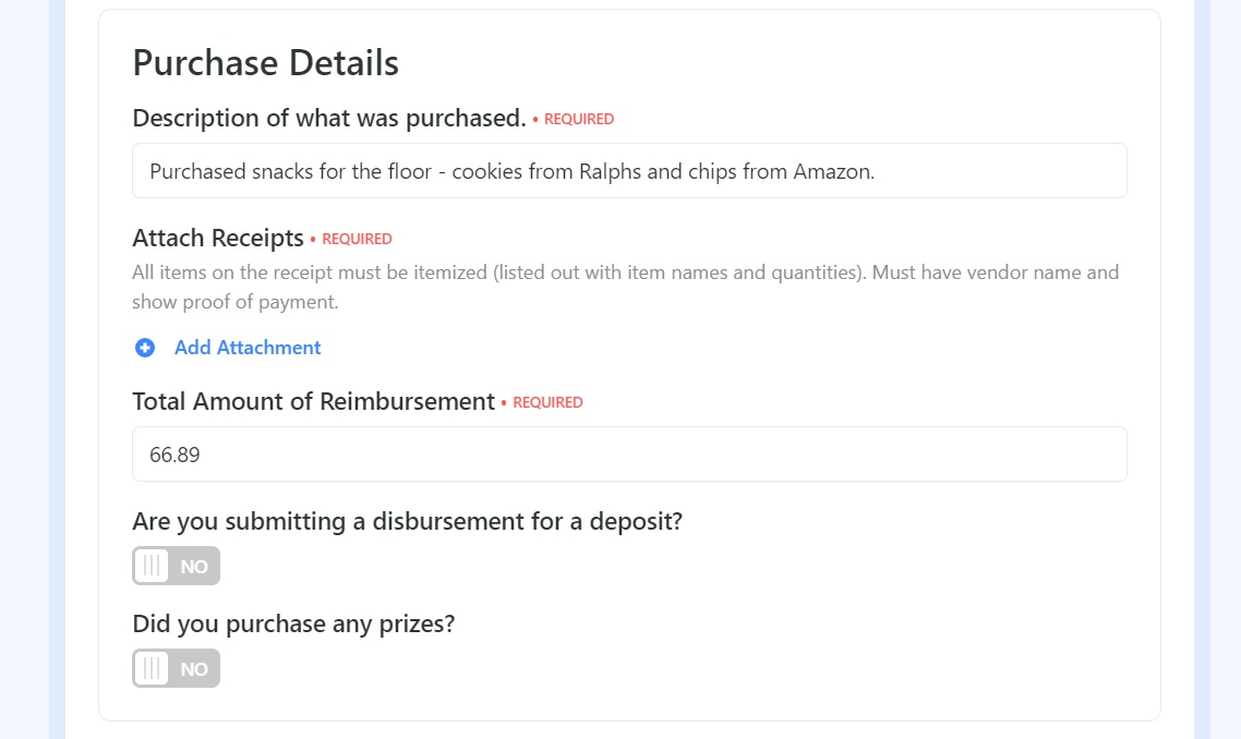 Screenshot of Association Disbursement Request Purchase Details section