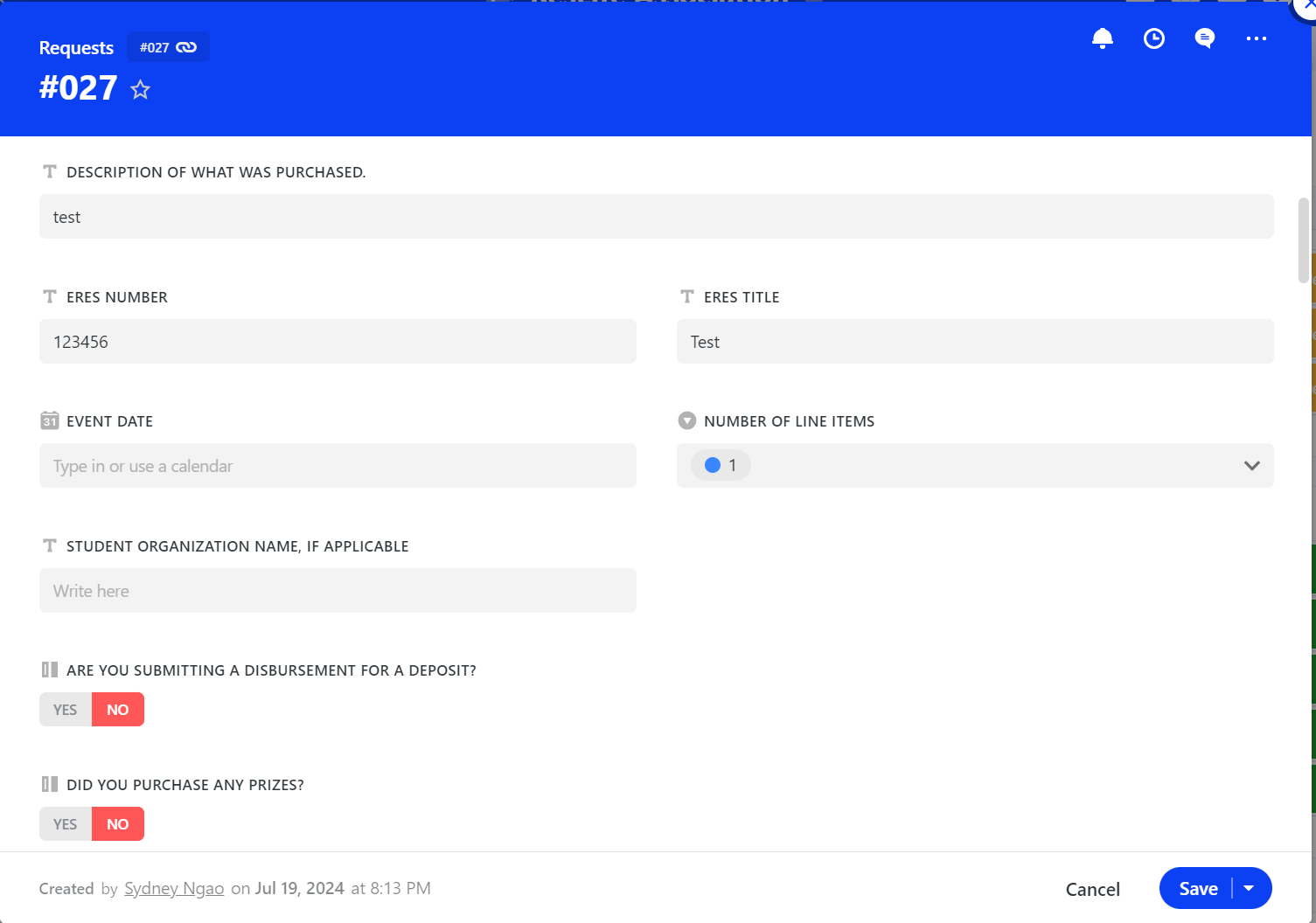 Screenshot of request form