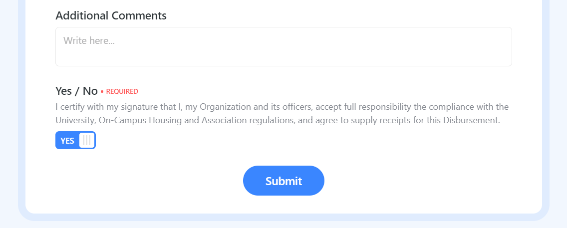 Screenshot of Association Disbursement Request Form Additional Comments and verification section