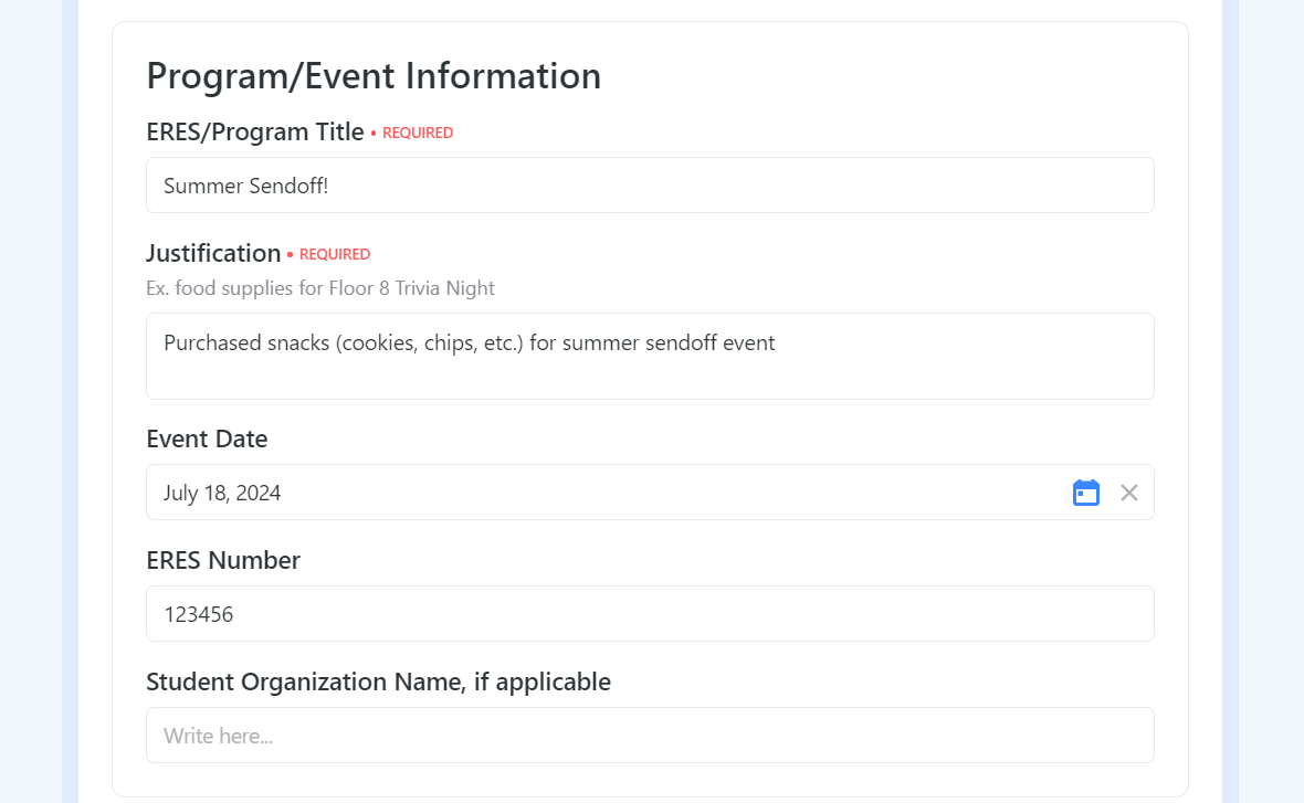 Screenshot of Association Disbursement Request Form Program and Event Information section