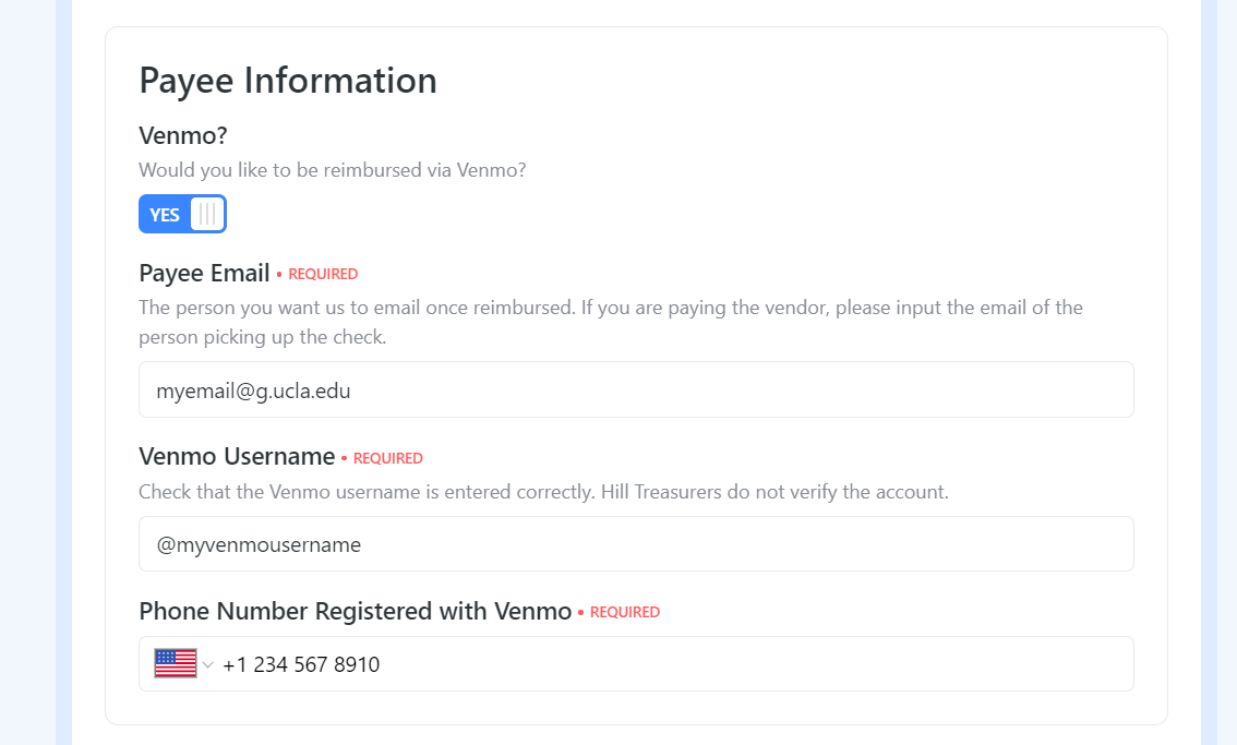 Screenshot of Association Disbursement Request Form Payee Information section