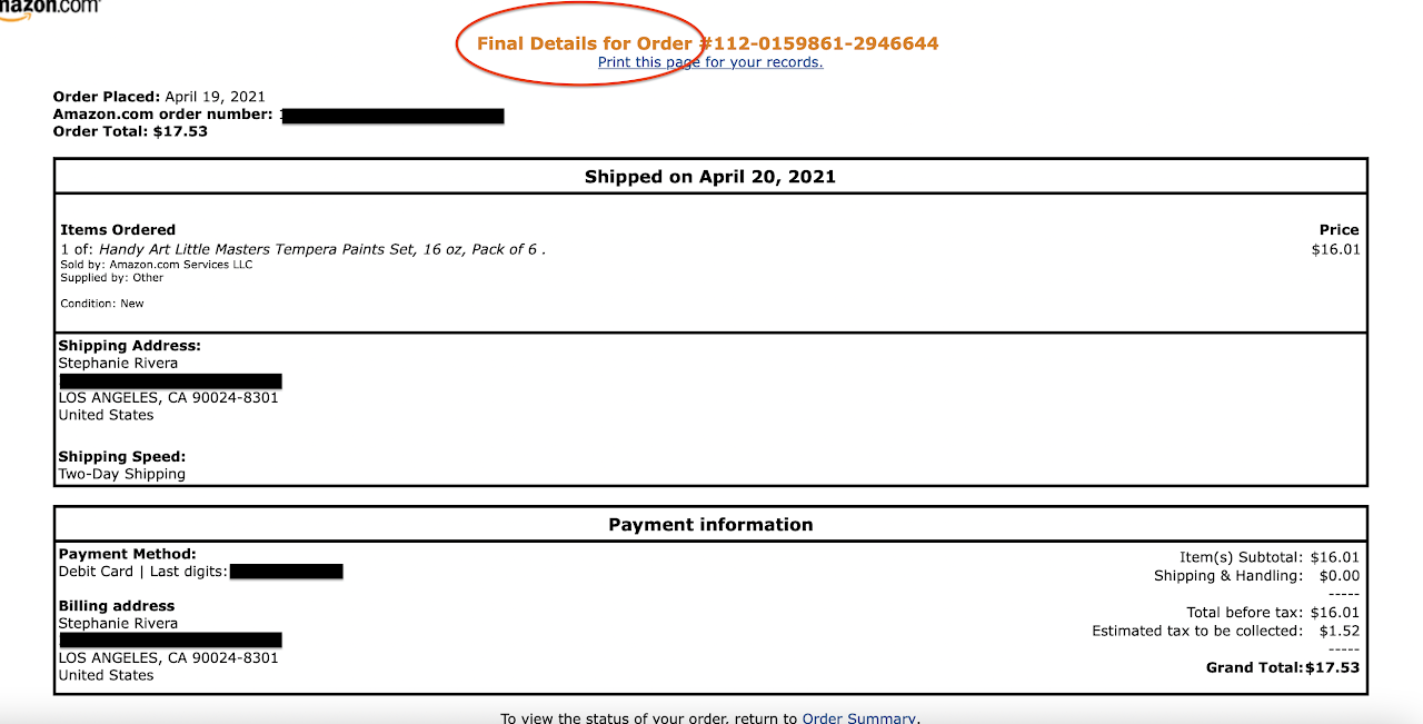 Amazon.com screenshot showing where the receipt says "Final Order Details"