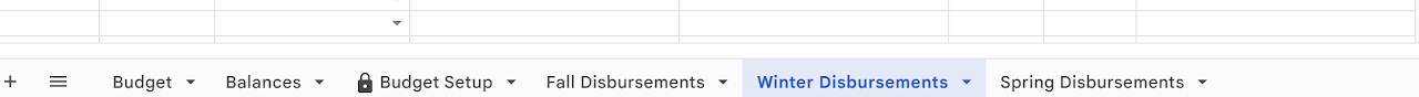 Screenshot of tabs on building google spreadsheet for hill treasurers