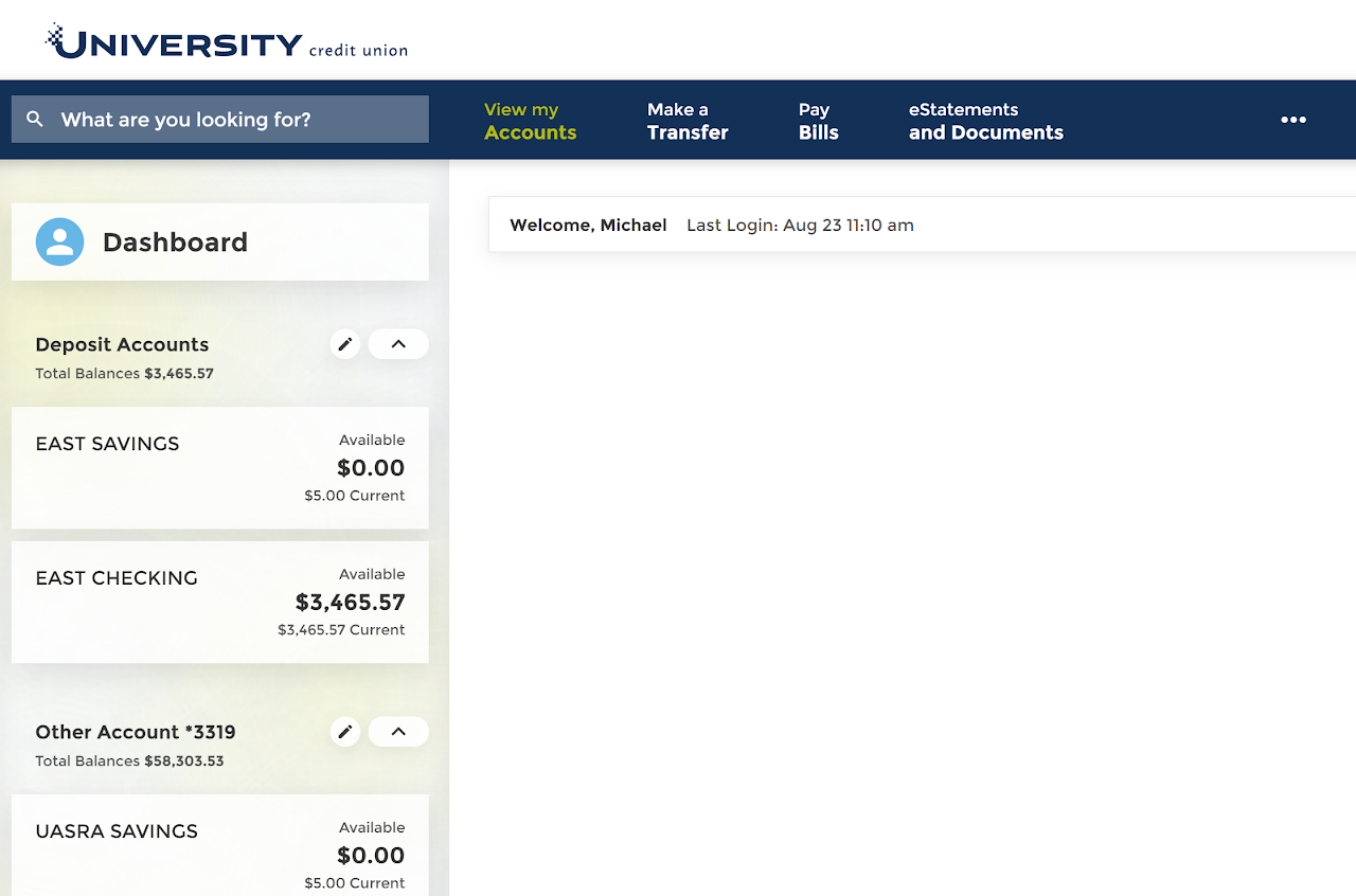 screenshot of university credit union dashboard