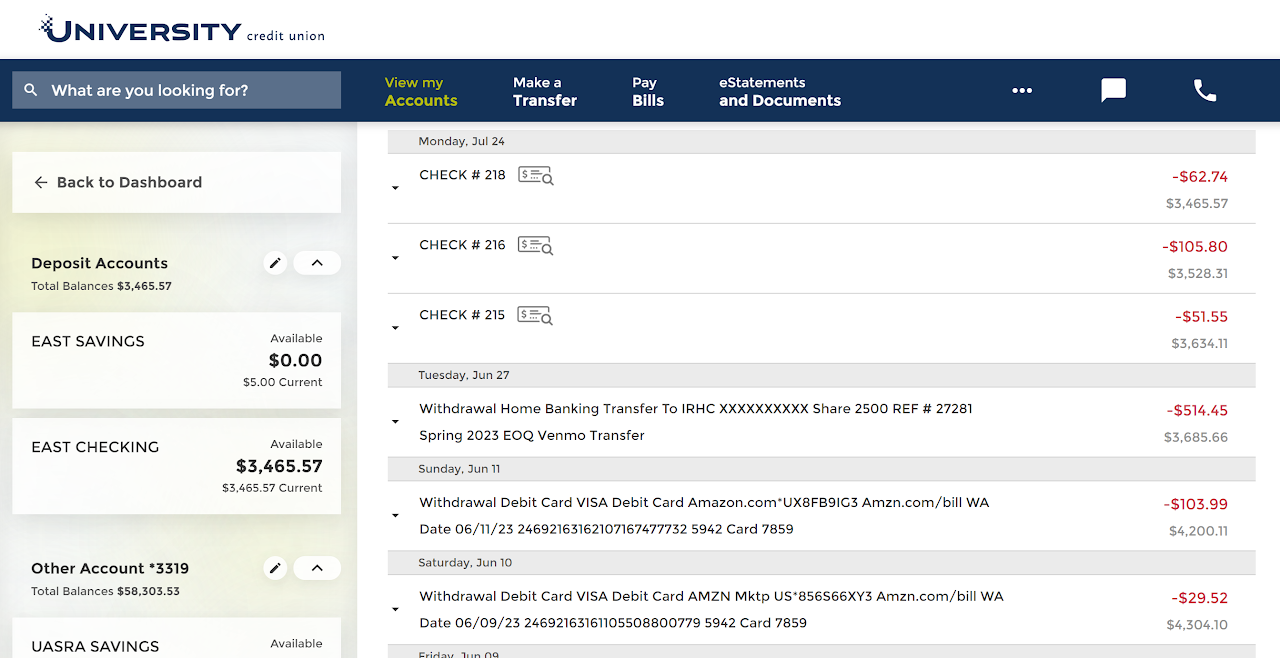 screenshot of university credit union dashboard