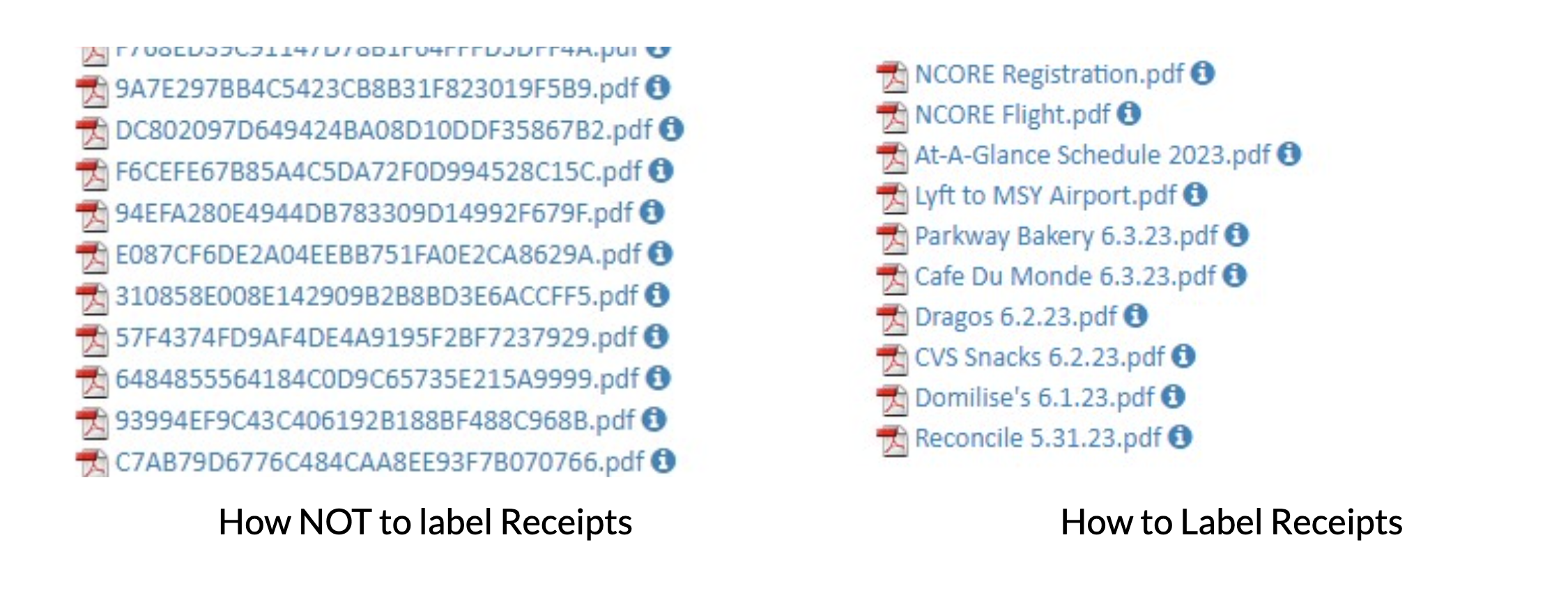 screenshot showing how not to label receipts and how to label receipts