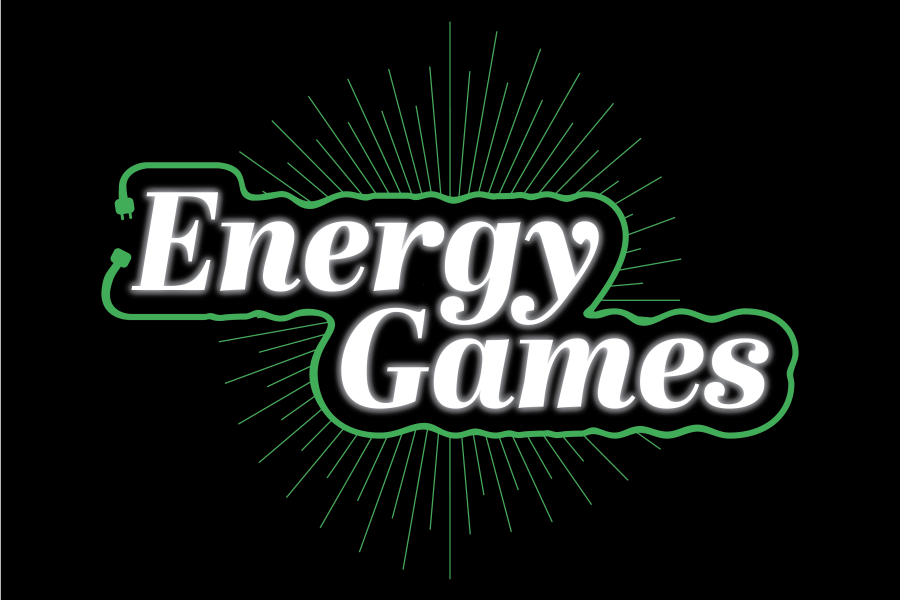 Energy games text surrounded by electric plug with sunburst behind