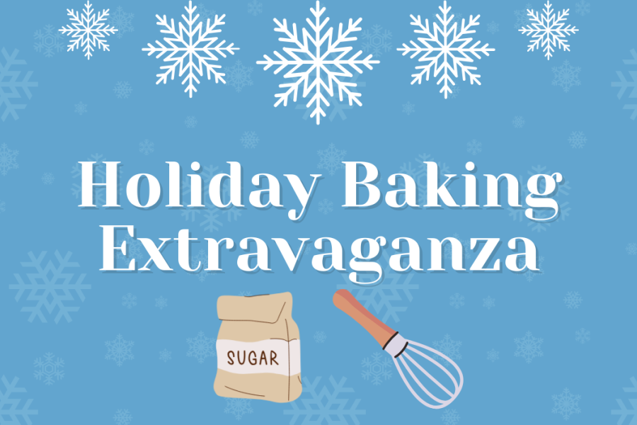 "Holiday Baking Extravaganza" with images of snowflakes, flour, and a whisk