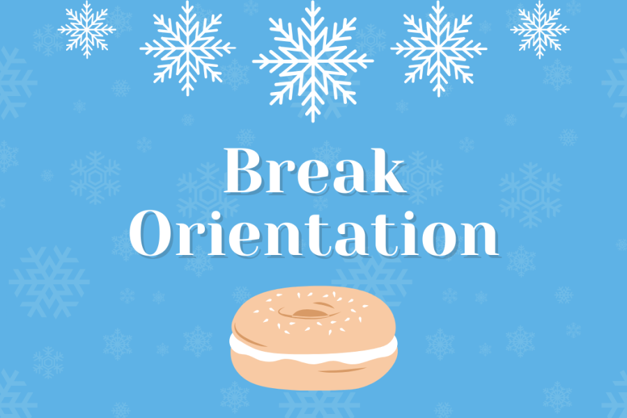 "Break Orientation" with images of snowflakes and a bagel