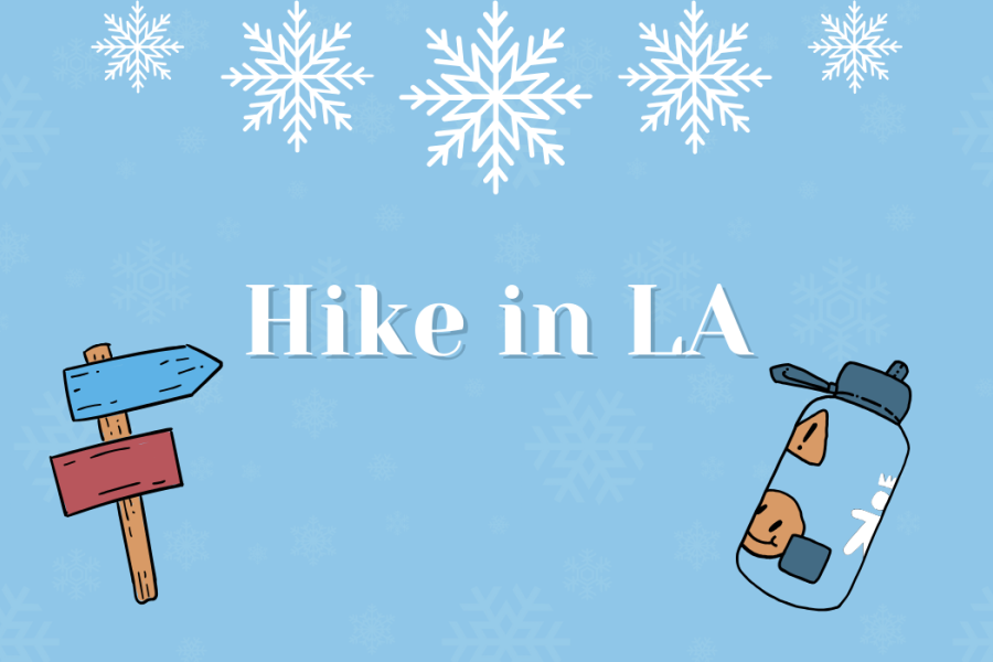 "Hike in LA" with images of snowflakes, a road sign, and water bottle