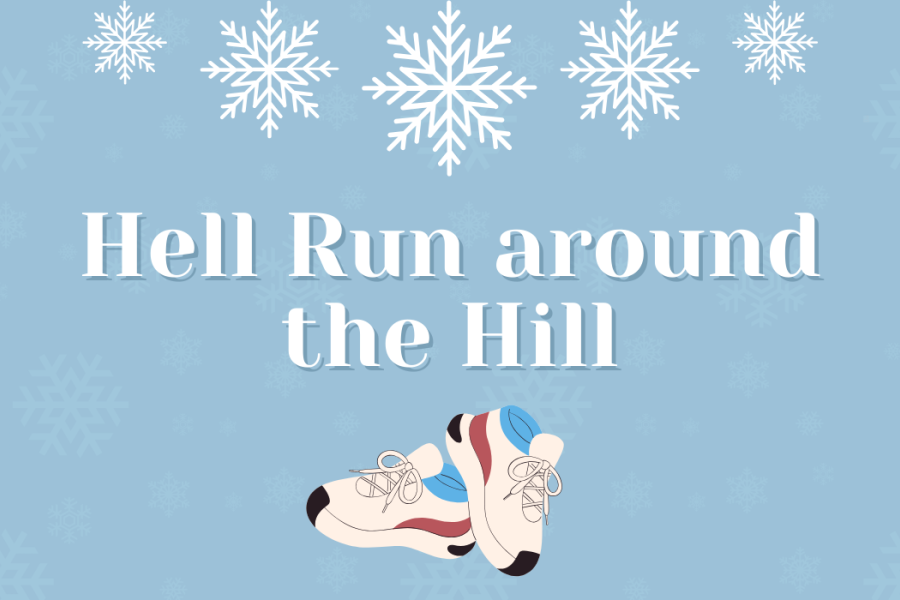 "Hell Run around the Hill" with images of snowflakes and sneakers