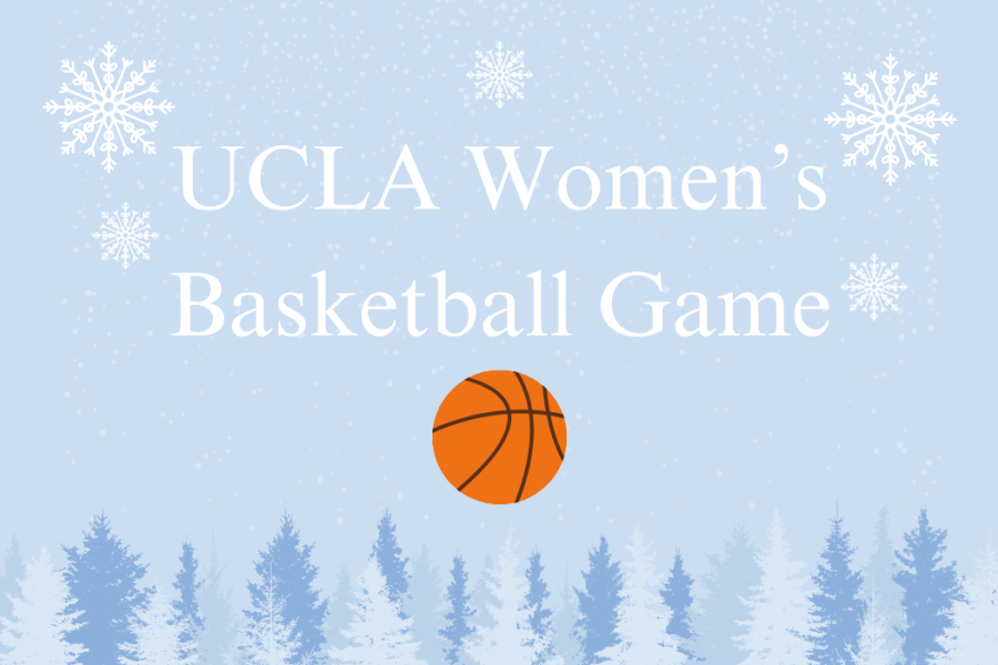 UCLA Womens Basketball Game text on winter blue background