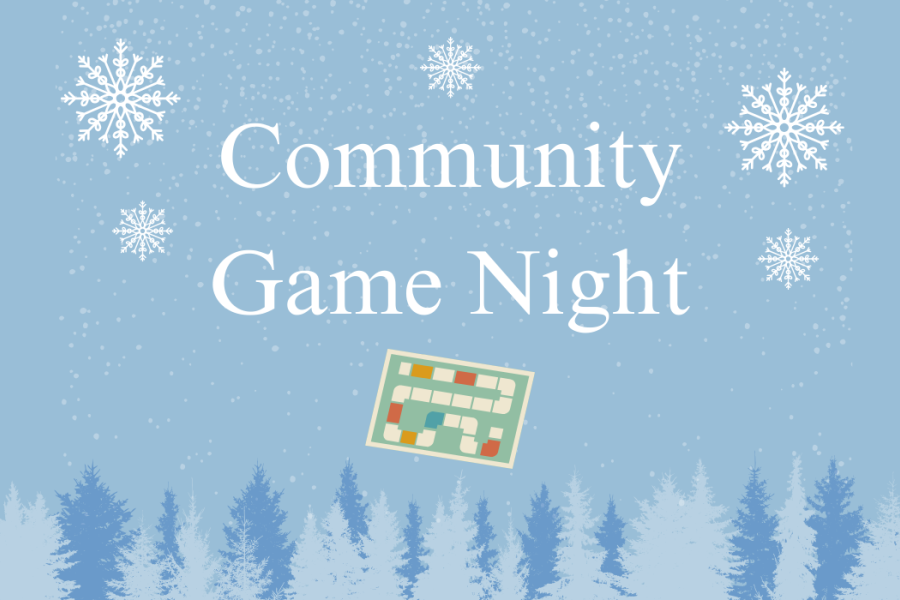 Community Game Night text on winter blue backrground