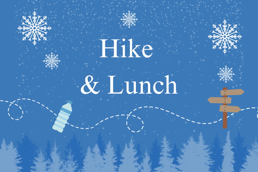 Hike and Lunch text on winter blue background