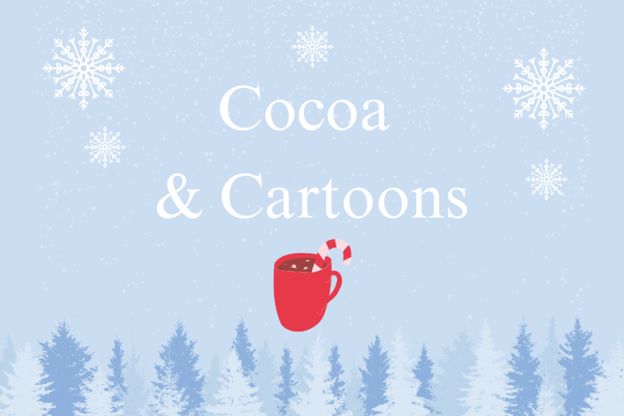 Cocoa and Cartoons text on winter blue background