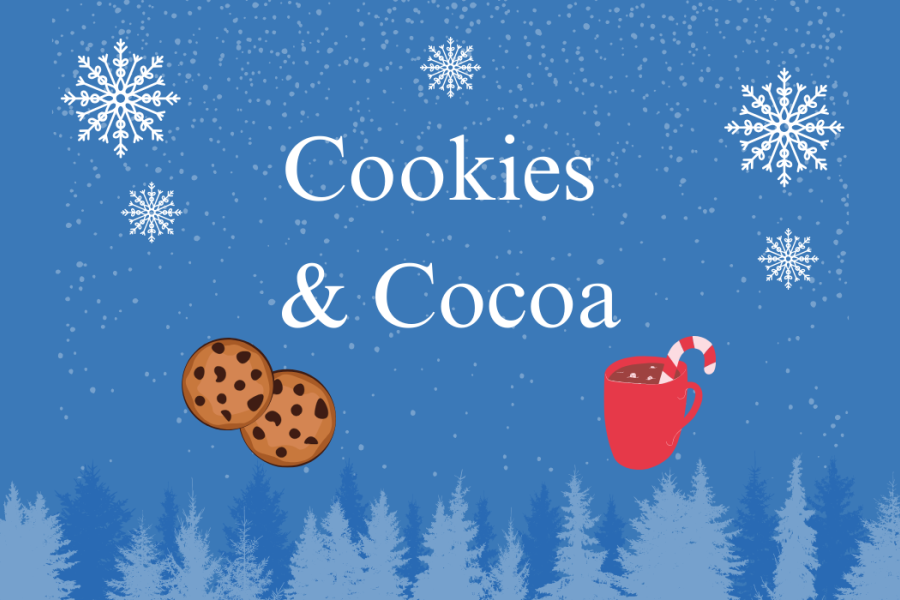 Cookies and Cocoa text on blue winter background